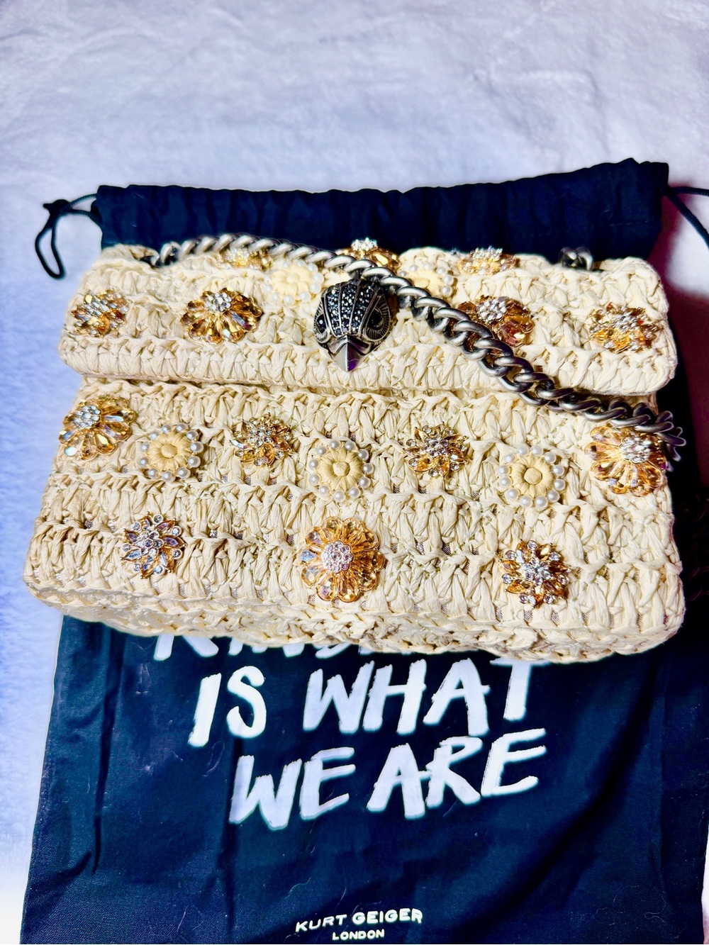 Kurt Geiger Cream Crochet Crossbody with Gold Floral Rhinestone Accents NWT